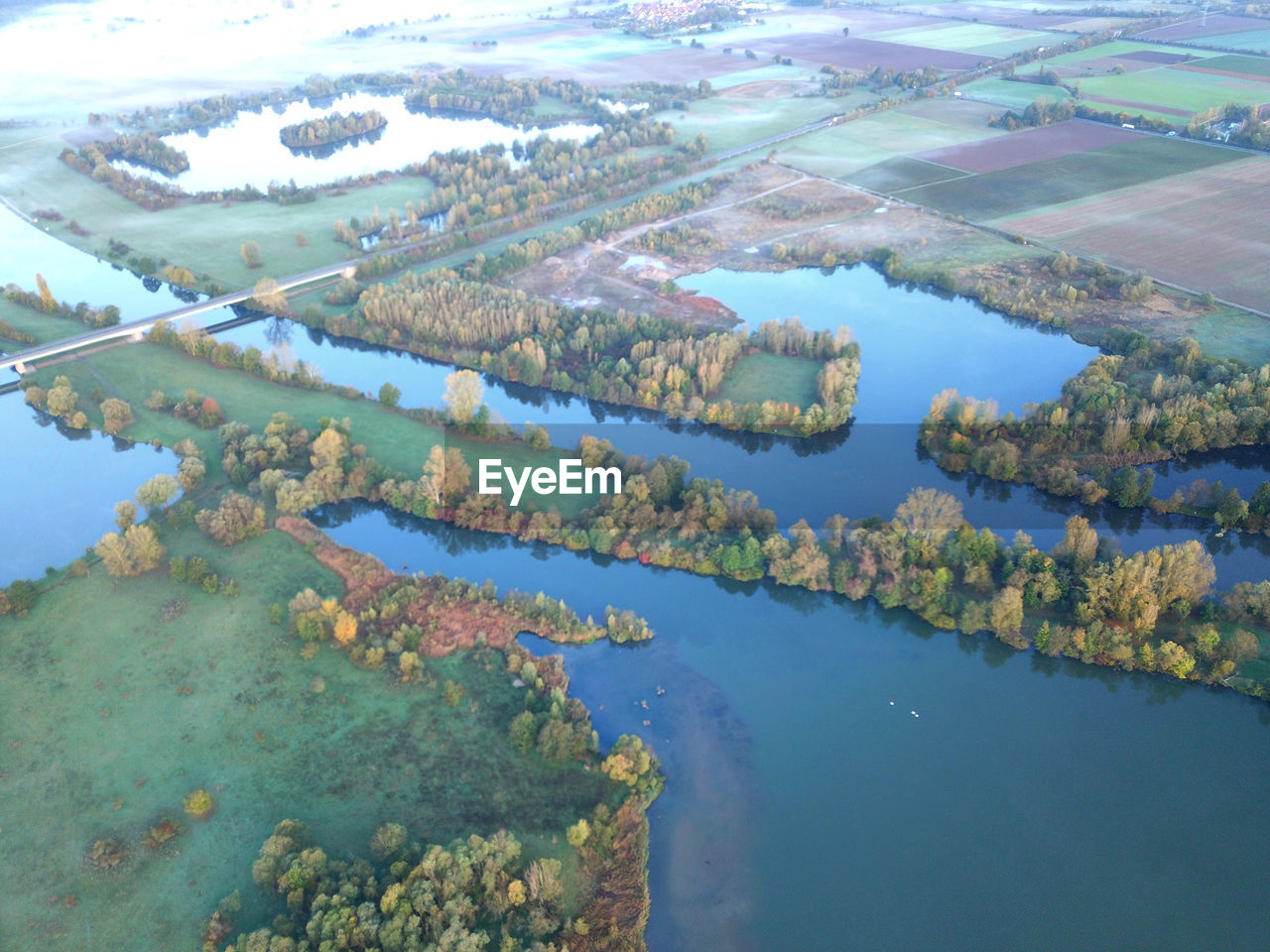 High angle view of lake and trees