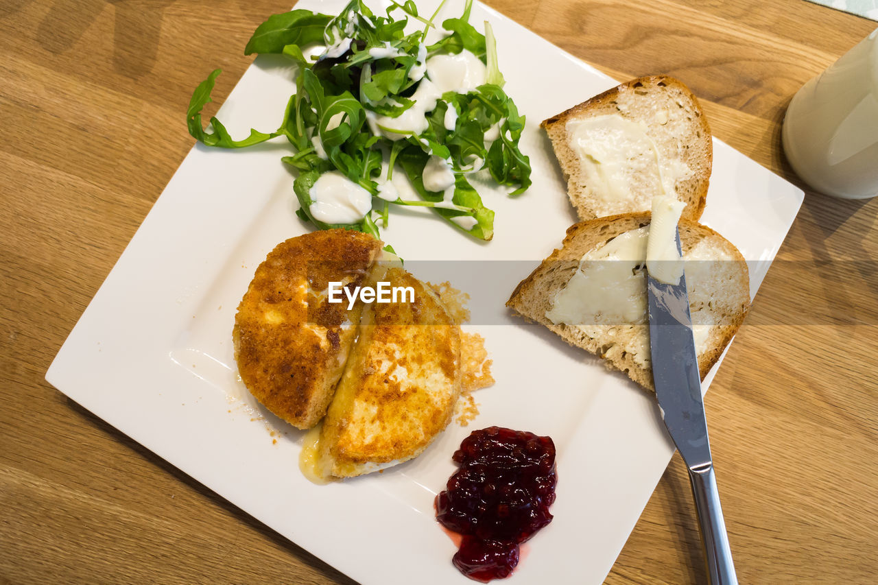 High angle view of breakfast served in plate