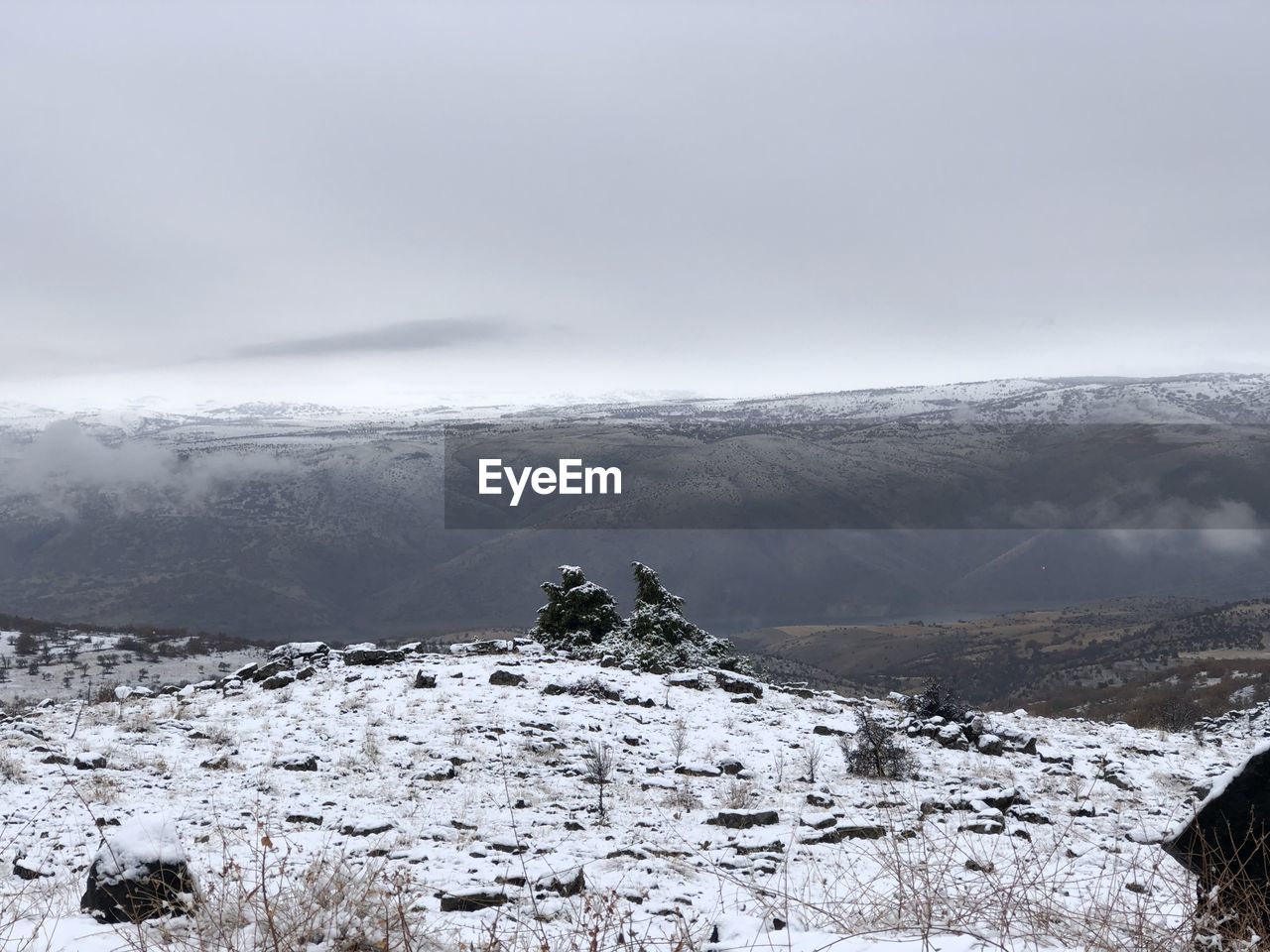 Scenic view of snow covered mountains against sky