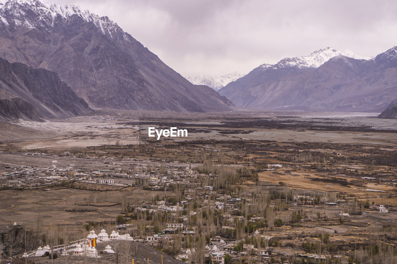 Beautiful landscape of nubra valley in ladakh, captured with a drone, aerial view.