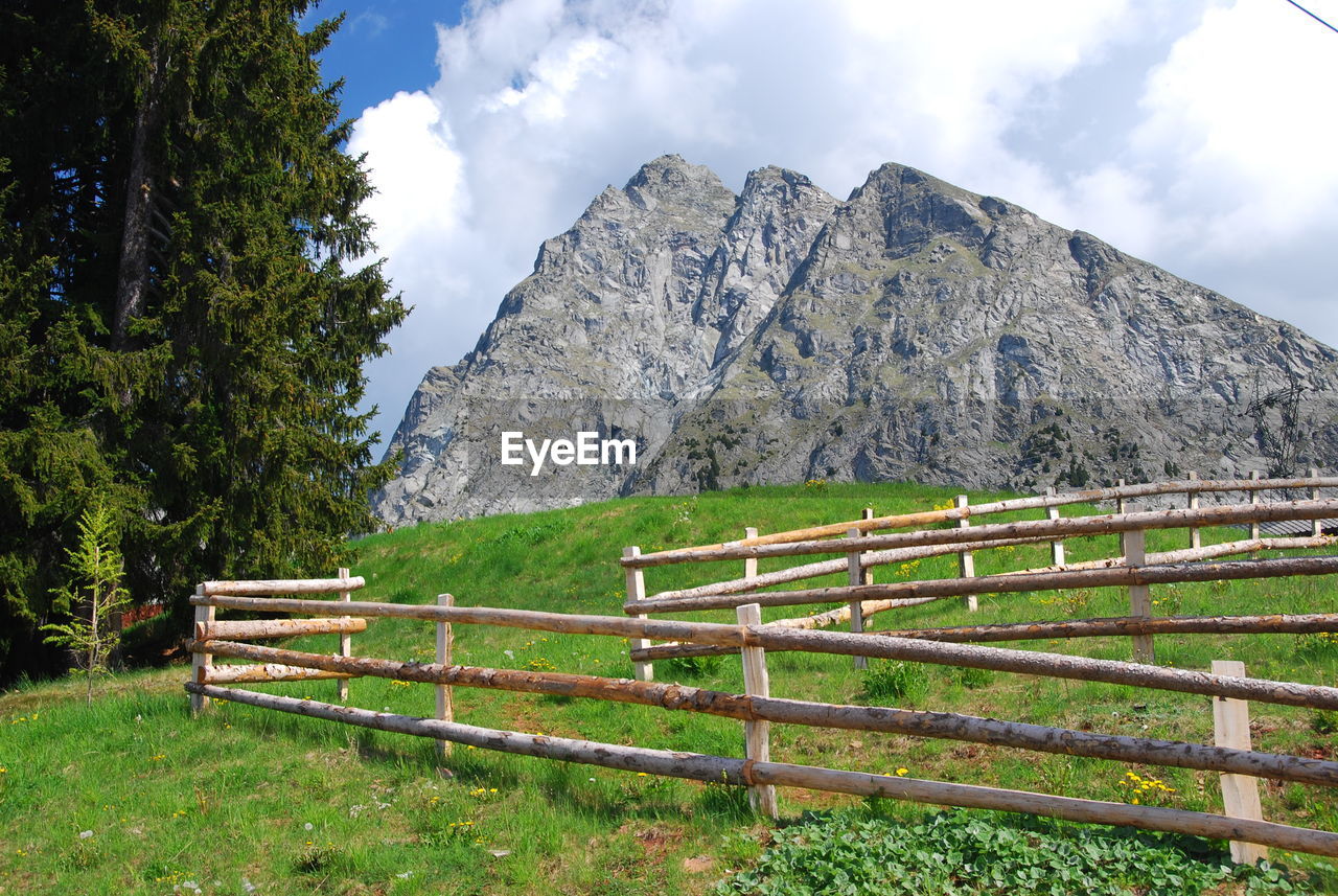 Scenic view of field and mountains against sky