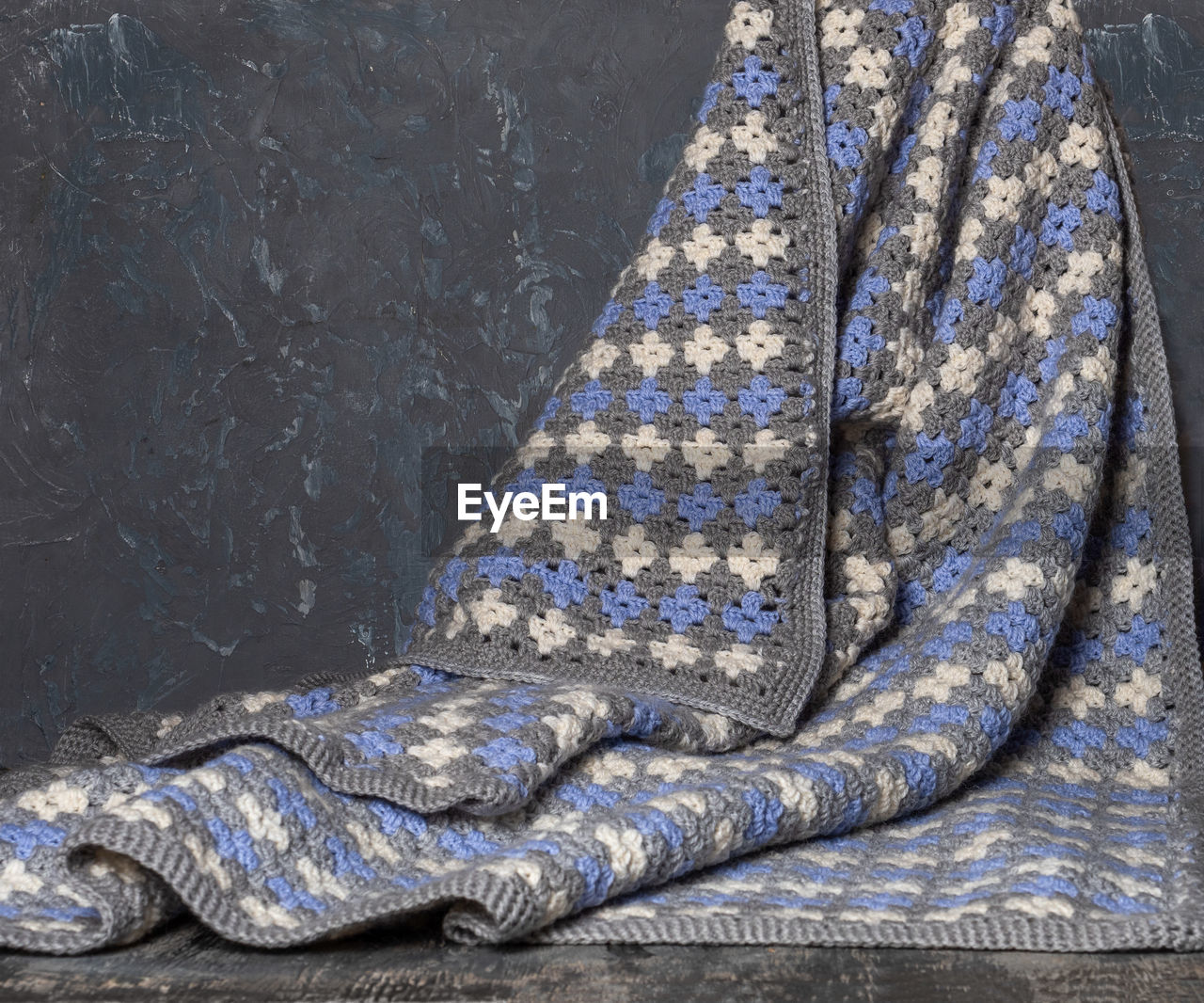 blue, no people, art, pattern, textile, indoors, clothing, close-up, still life, fashion accessory, high angle view