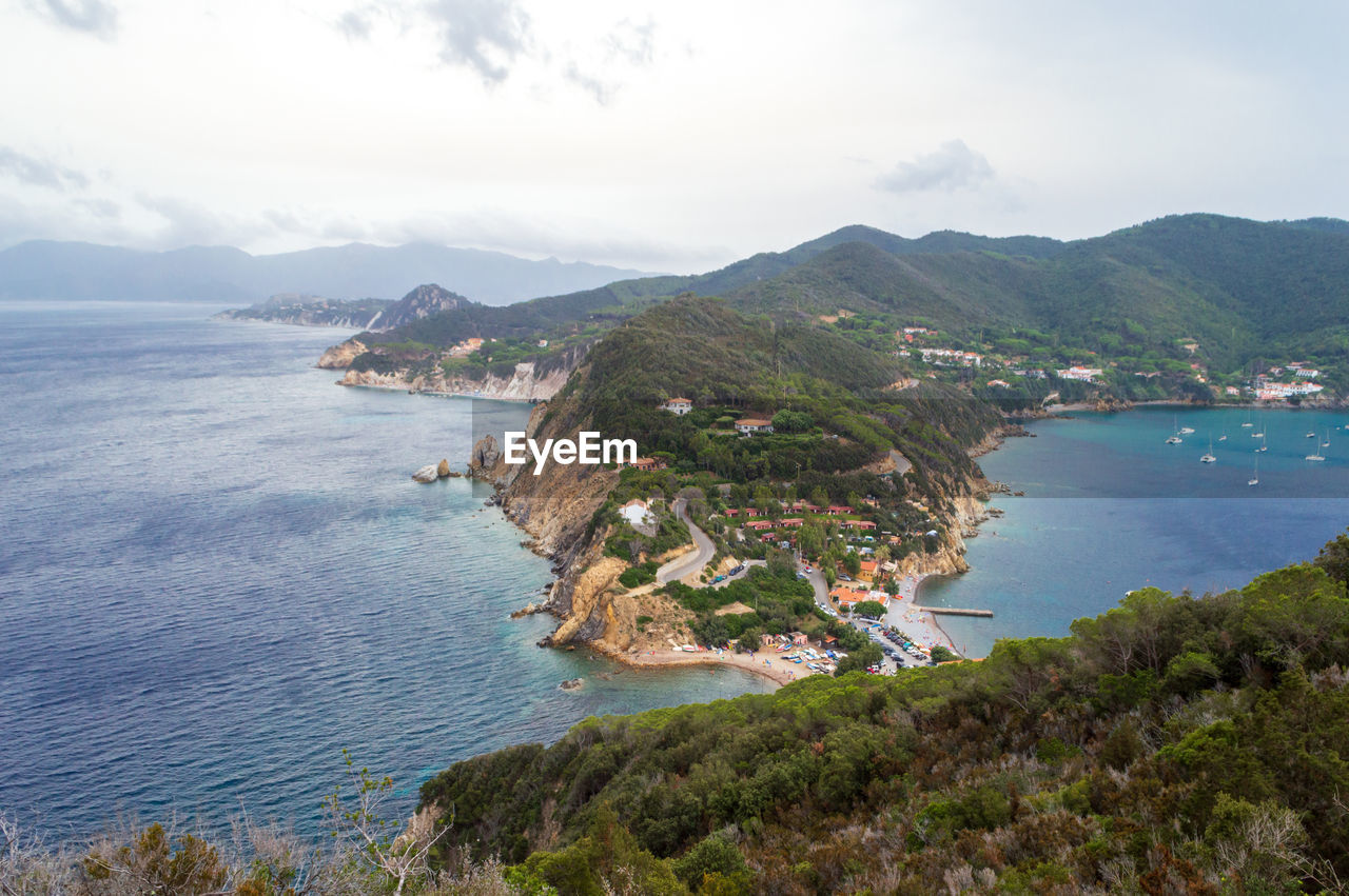 Aerial landscape view of the little peninsula of monte enfola in elba island, italy