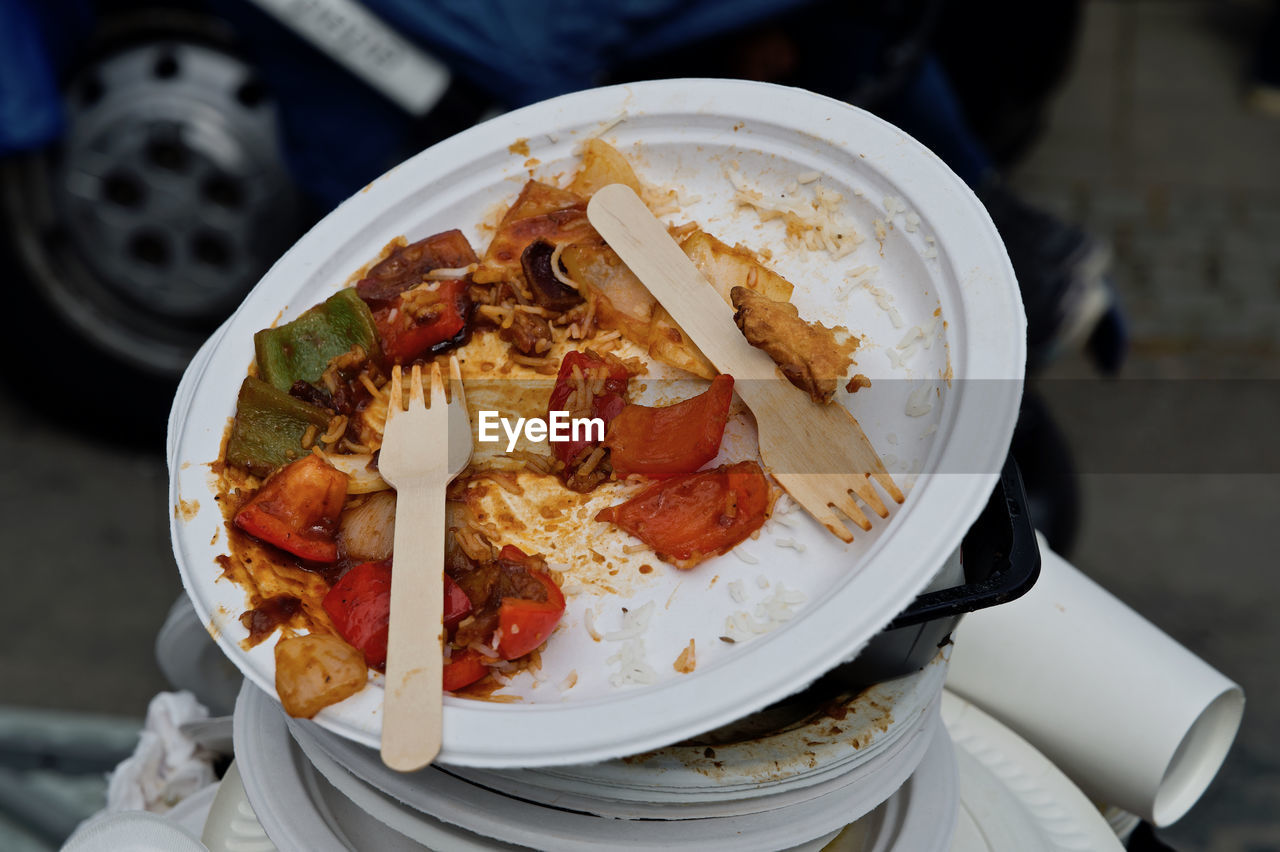 High angle view of food in plate on table