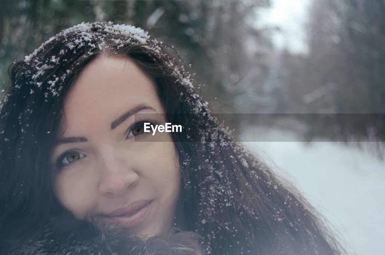 Portrait of beautiful woman with snow covered long hair