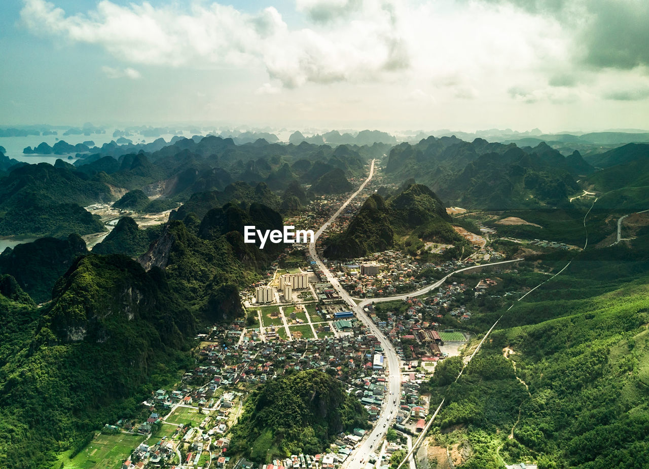 High angle view of mountain landscape against sky