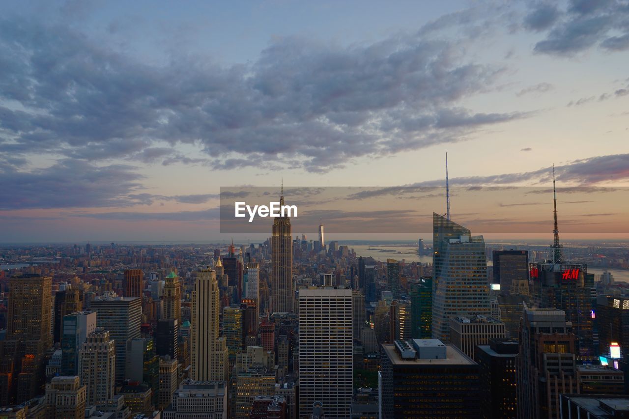 City skyline at sunset