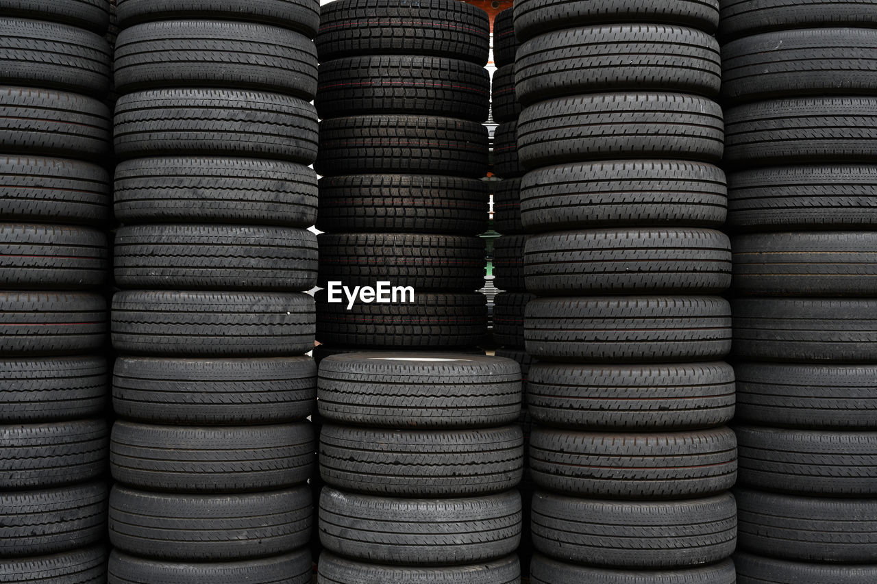 Full frame shot of stacked tires