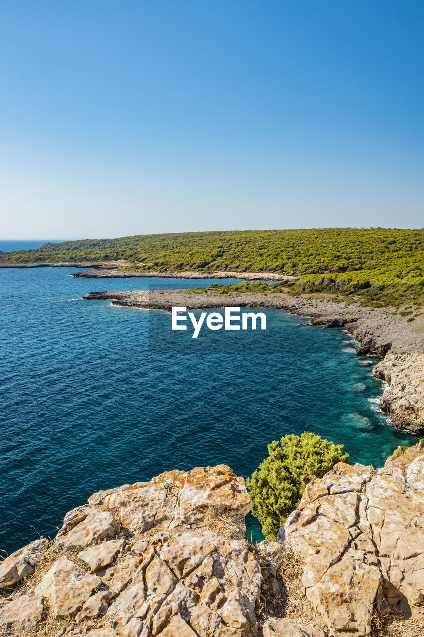 SCENIC VIEW OF SEA SHORE AGAINST CLEAR BLUE SKY