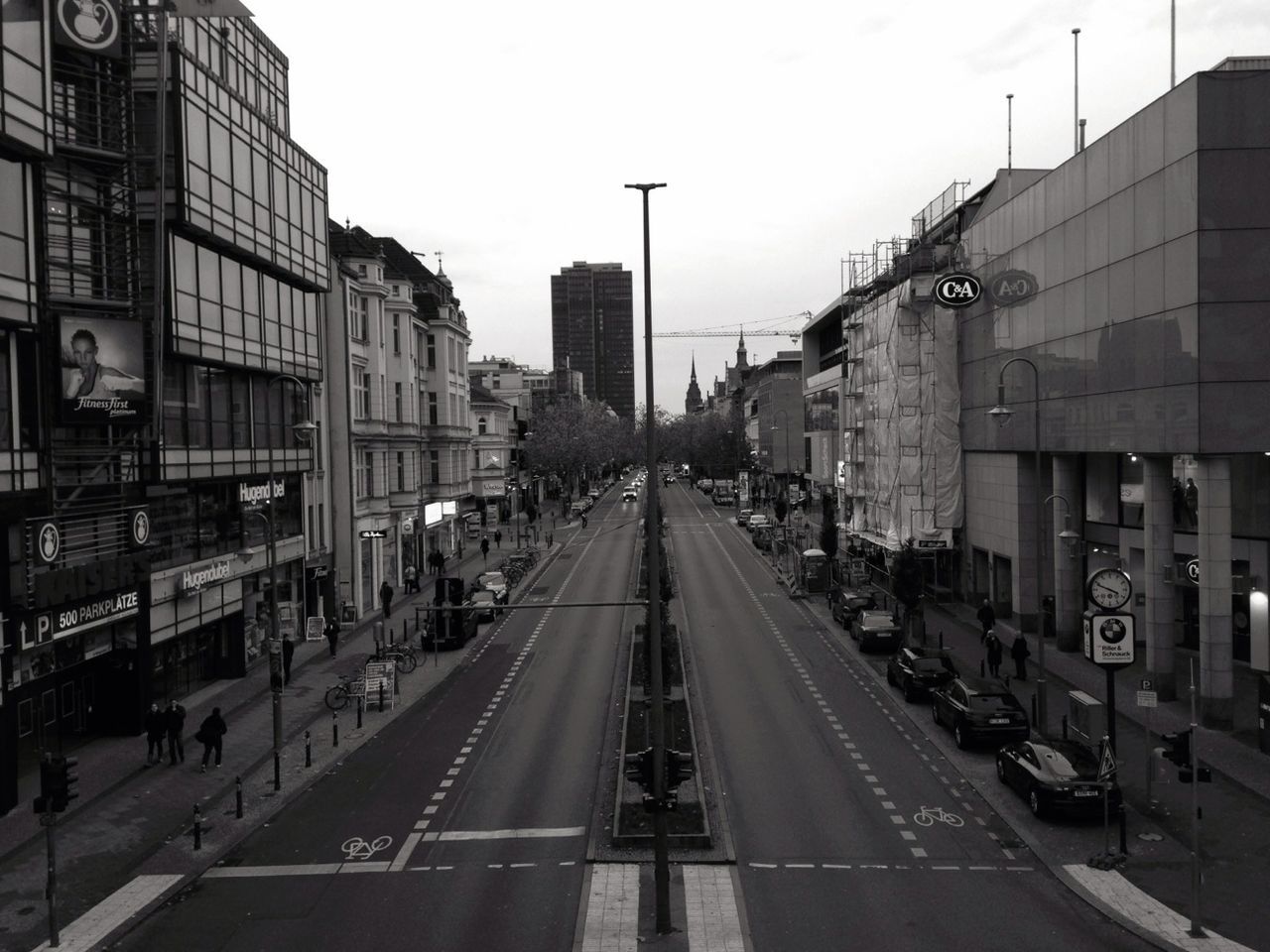 High angle view of city street and buildings