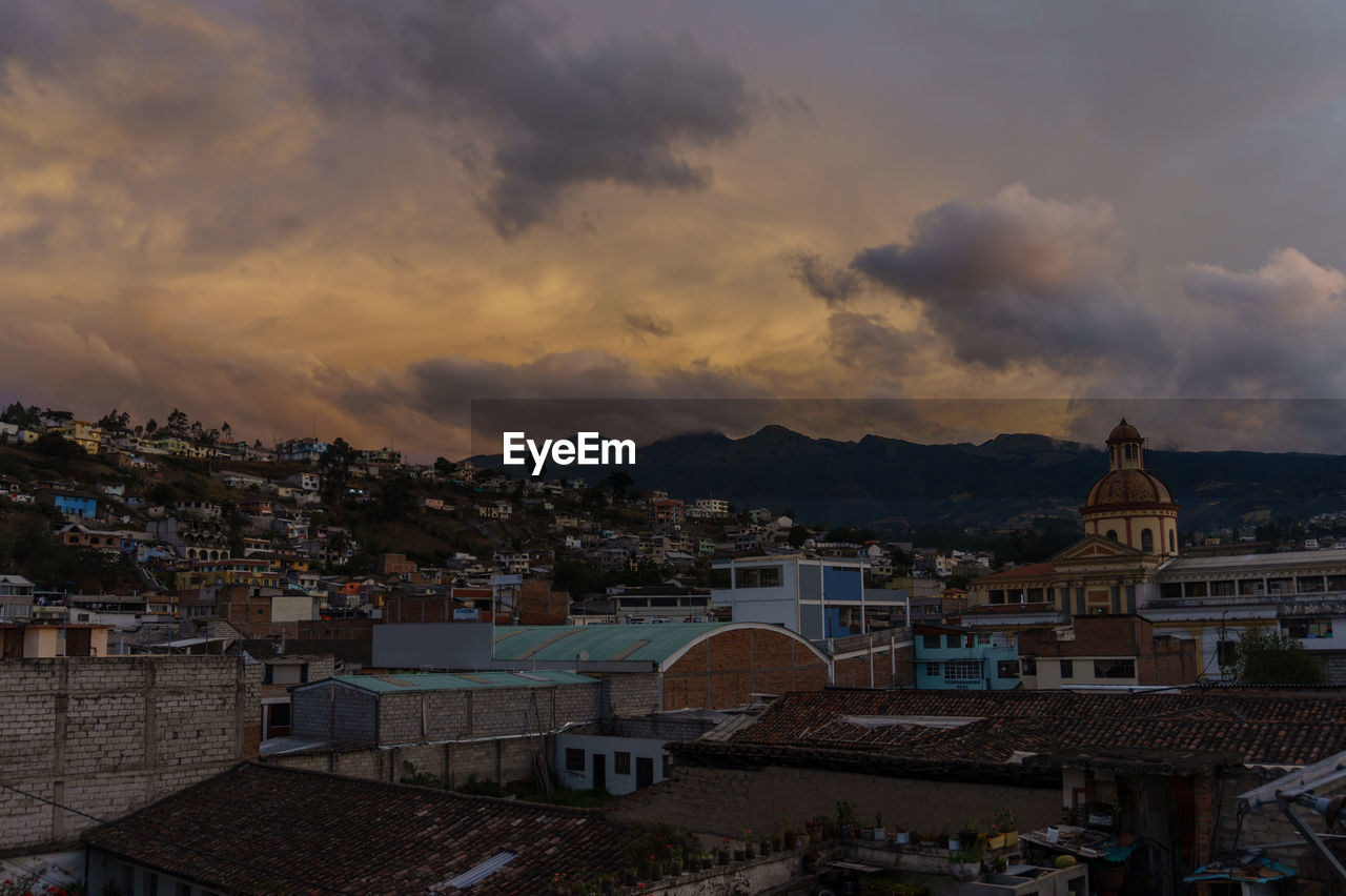 High angle view of townscape against sky at sunset