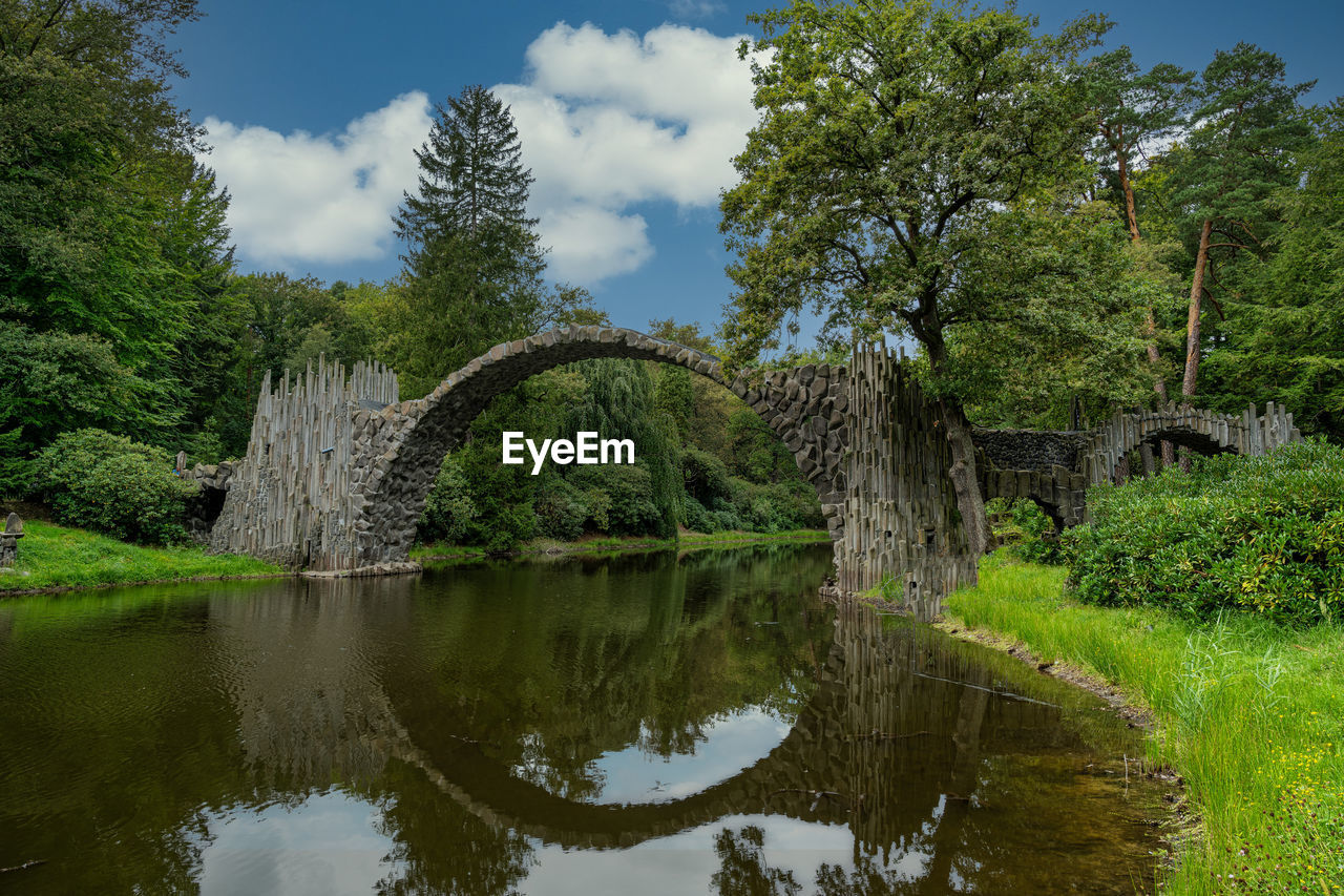 arch bridge over river amidst trees against sky