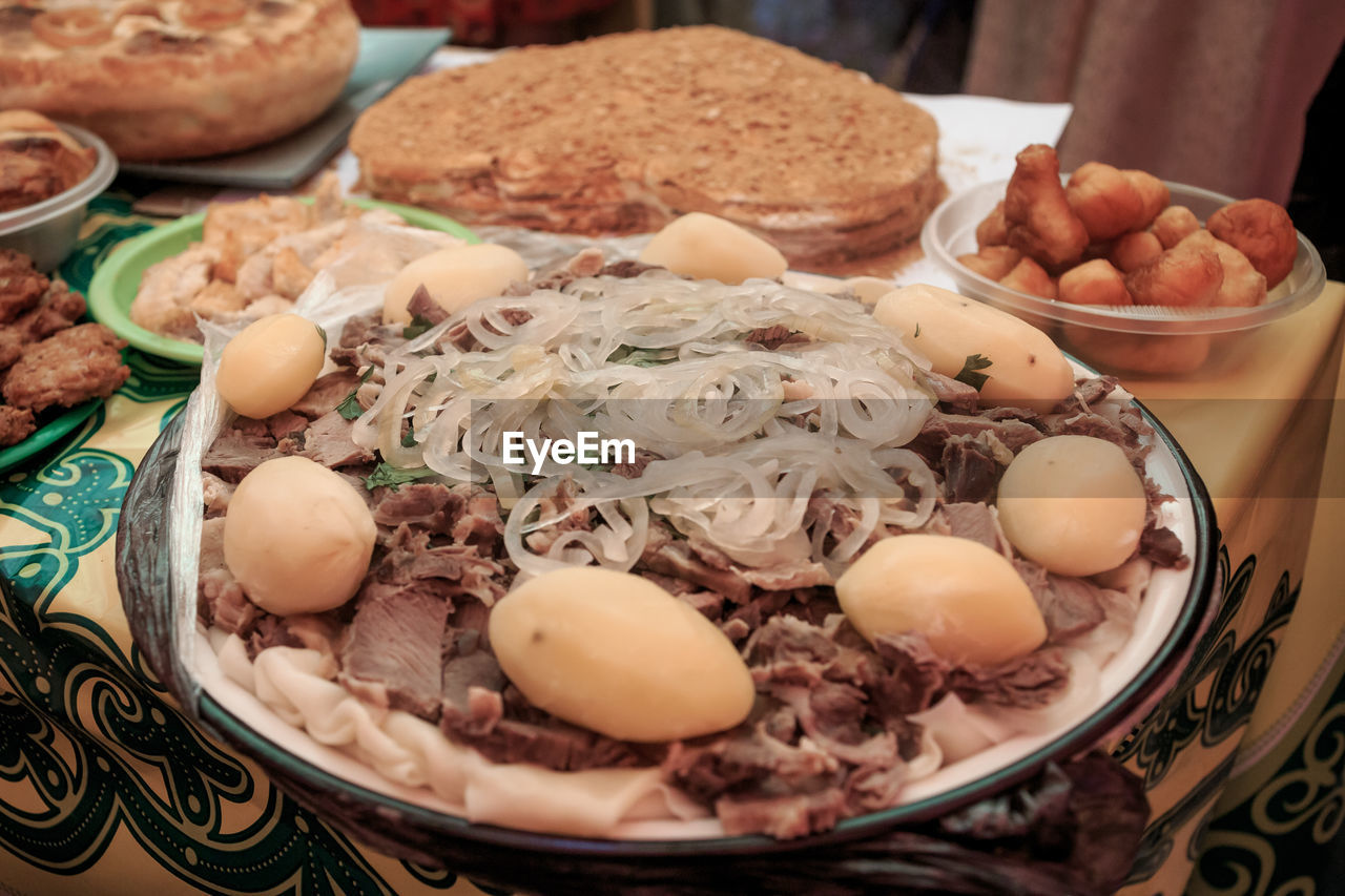 High angle view of breakfast served on table