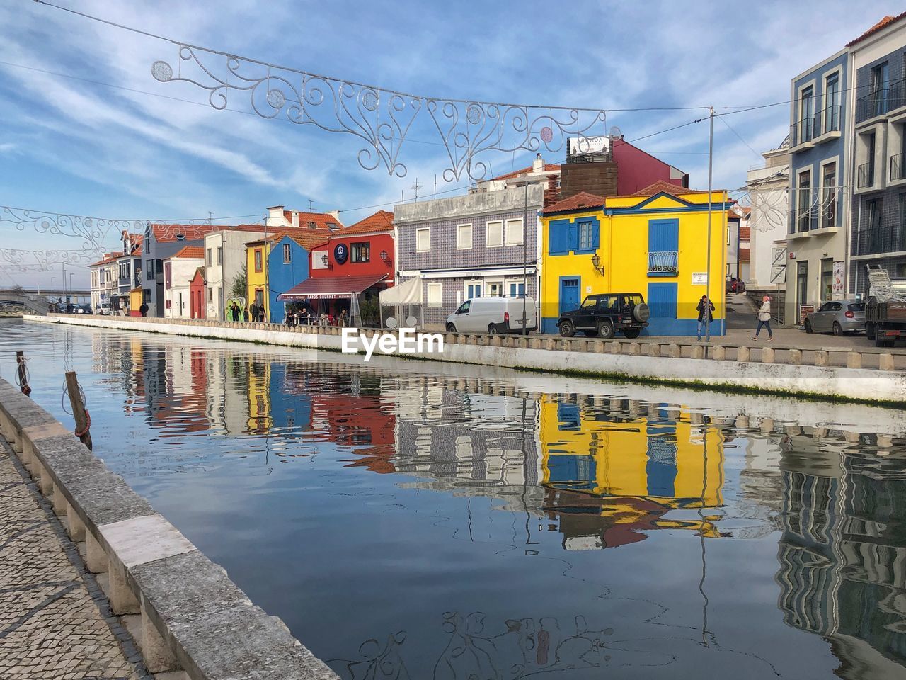 Canal amidst colorful buildings in city 