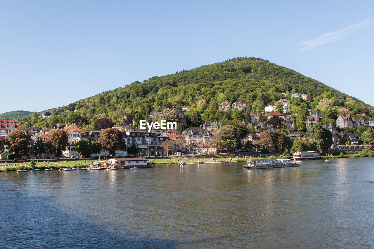 View of town with mountain in background