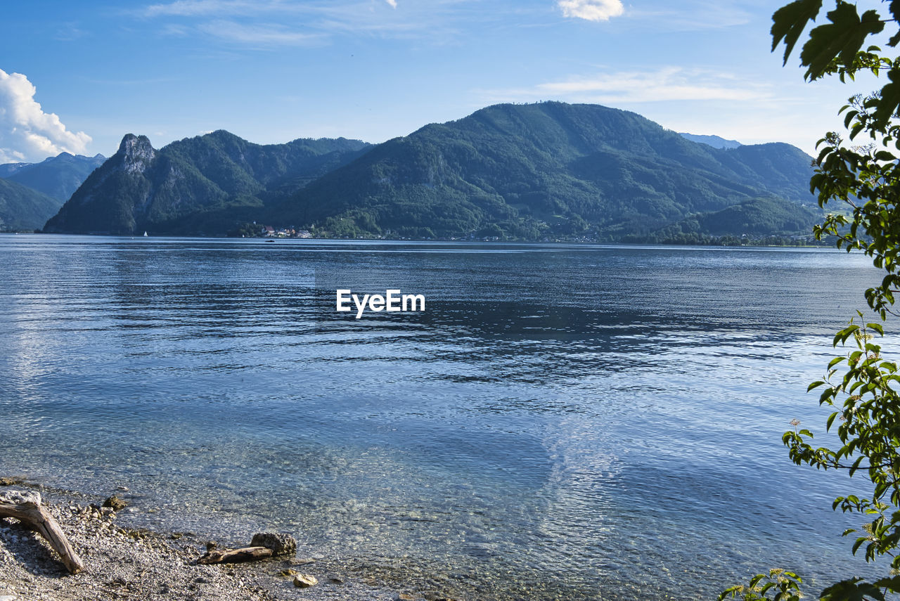 Scenic view of lake and mountains against sky