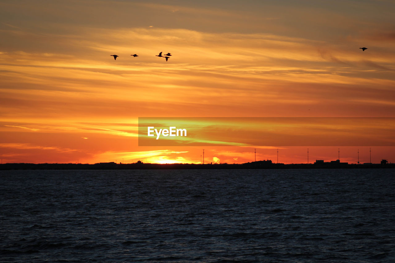 AIRPLANE FLYING OVER SEA AGAINST ORANGE SKY