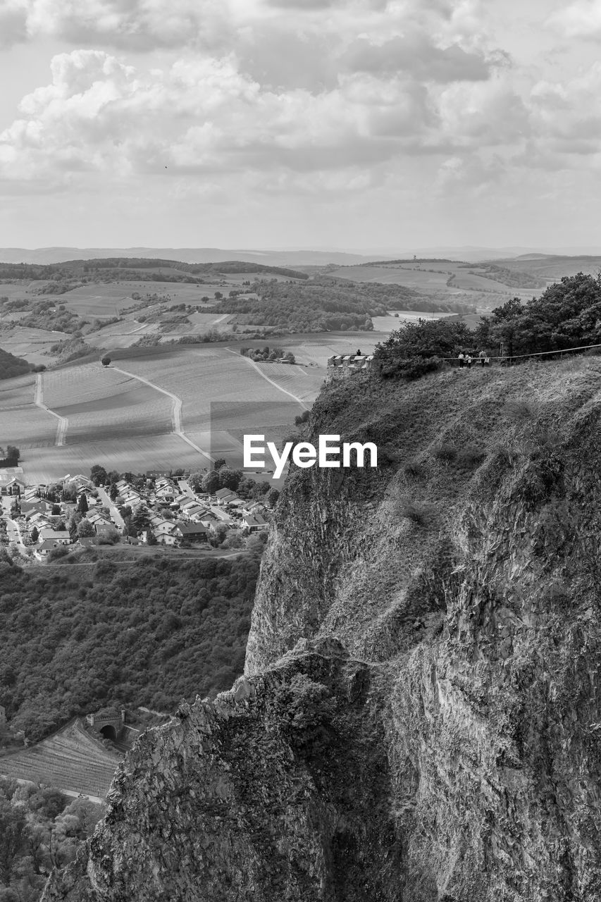 High angle view of land against sky