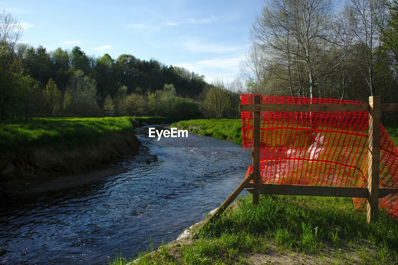 Stream flowing amidst trees against sky