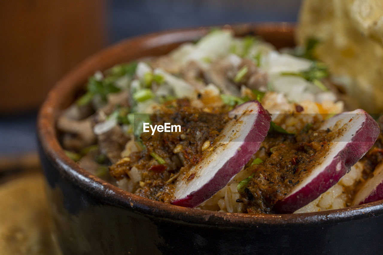 food, food and drink, vegetable, healthy eating, dish, no people, freshness, produce, wellbeing, meal, meat, indoors, cuisine, close-up, bowl, focus on foreground, fast food, onion