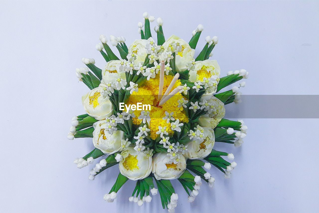 Close-up of flower bouquet against white background