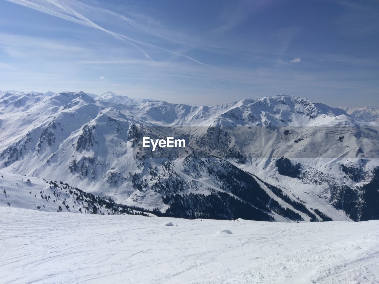 Scenic view of snowcapped mountains against sky