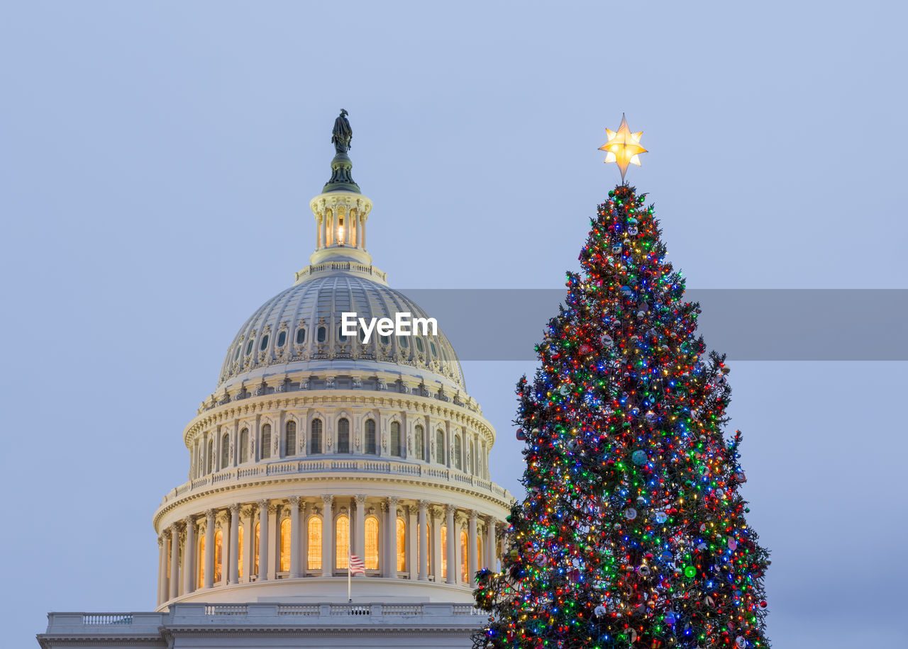 LOW ANGLE VIEW OF CHRISTMAS TREE AGAINST SKY