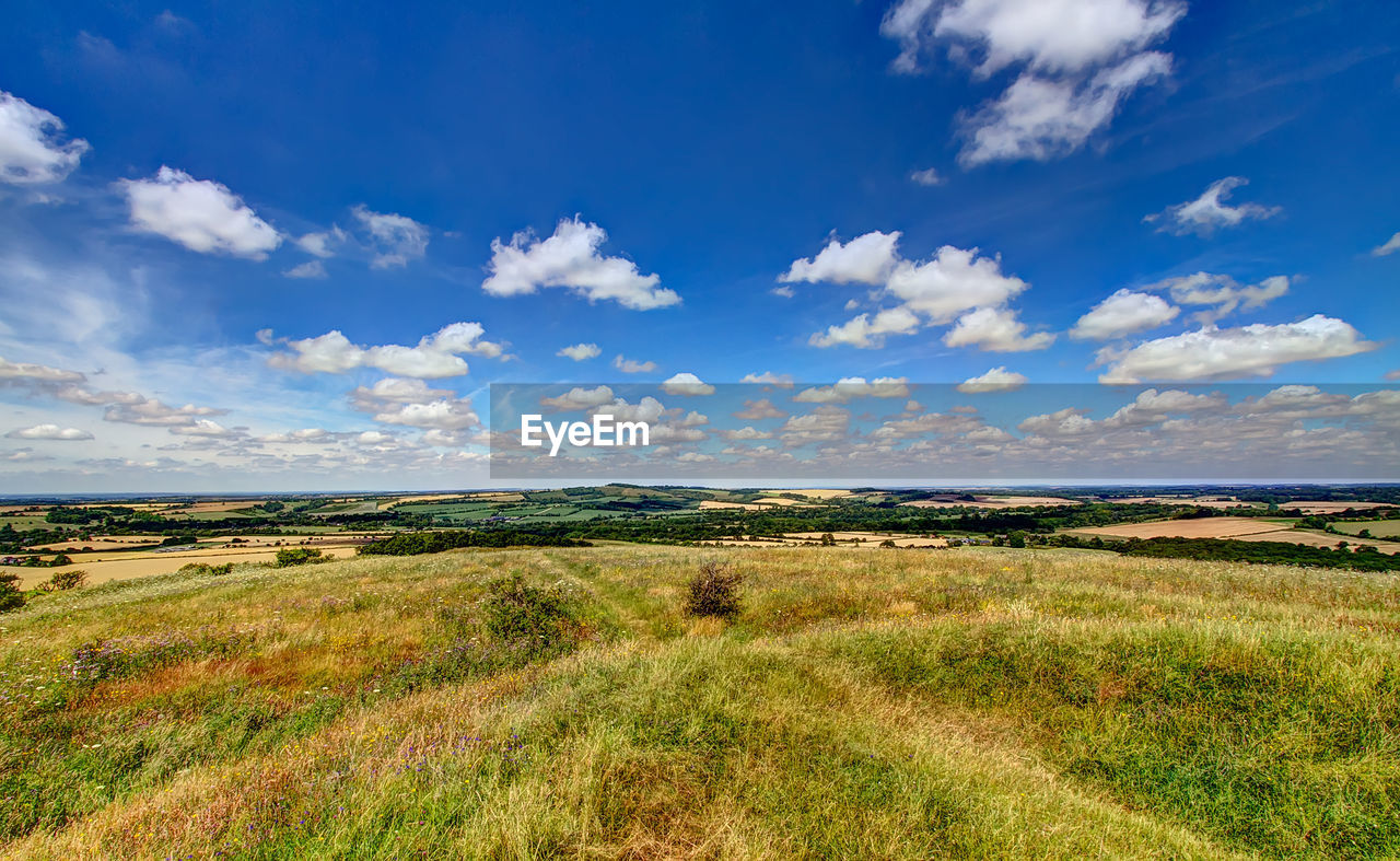 Scenic view of grassy field against cloudy sky