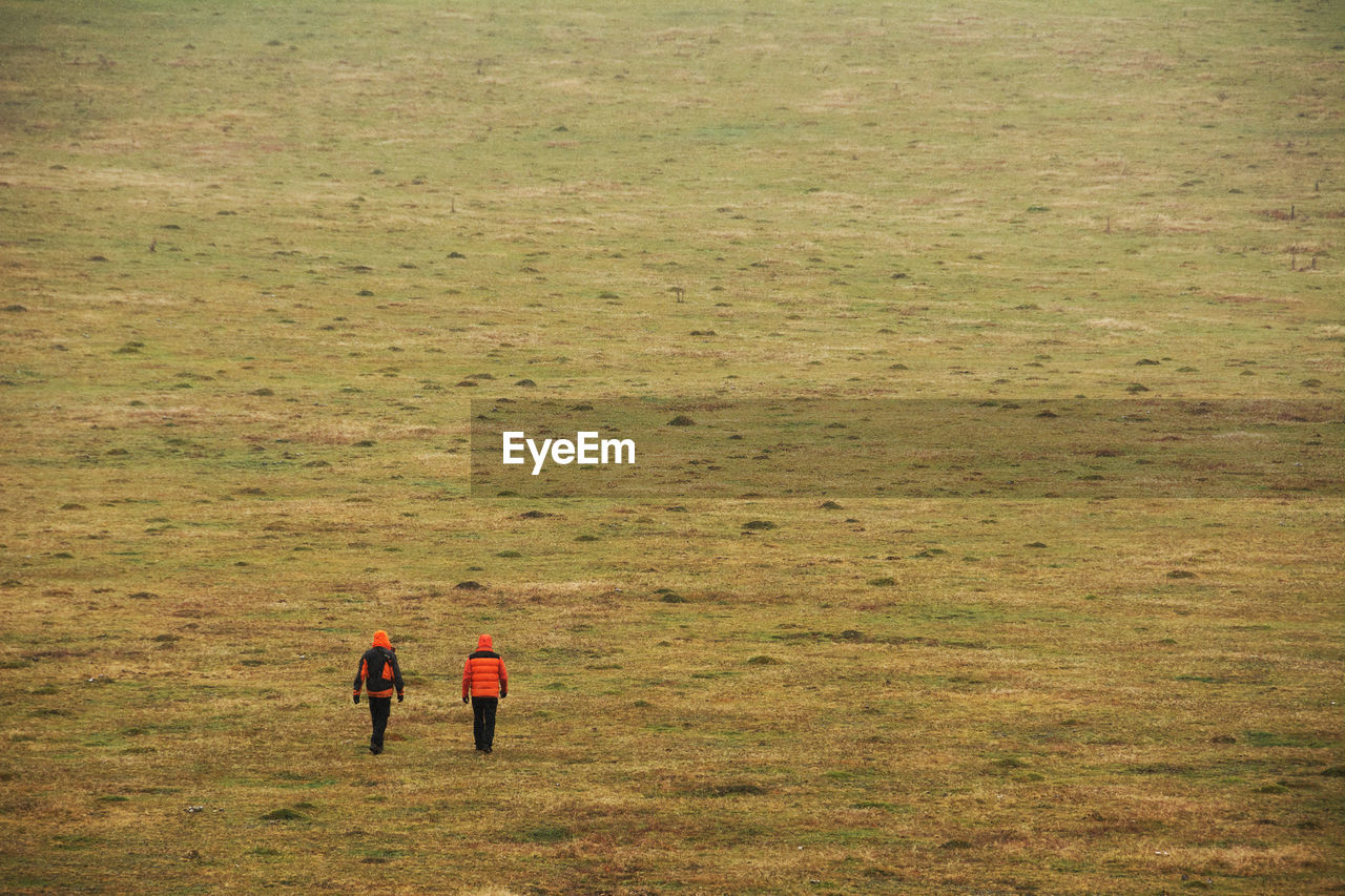 Rear view of two people walking on field