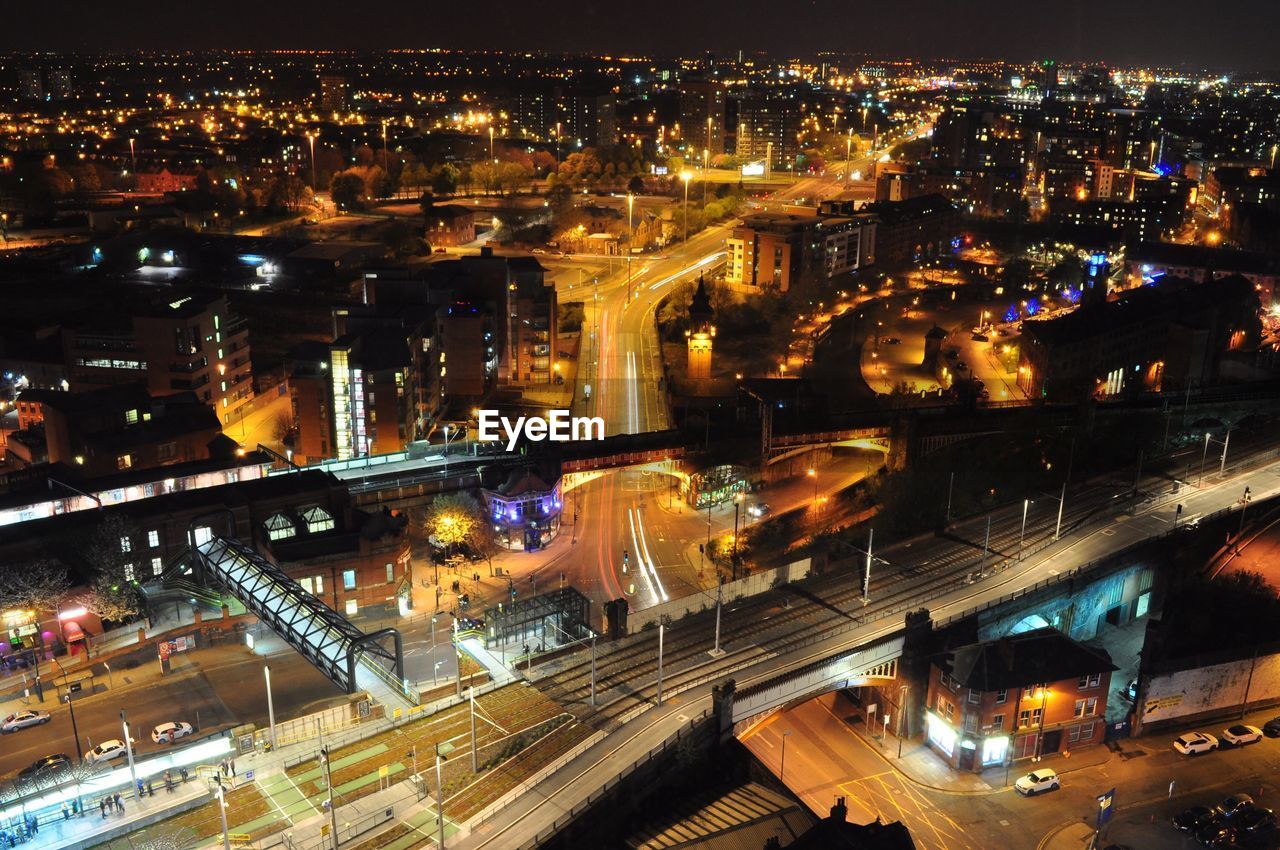 High angle view of illuminated city at night