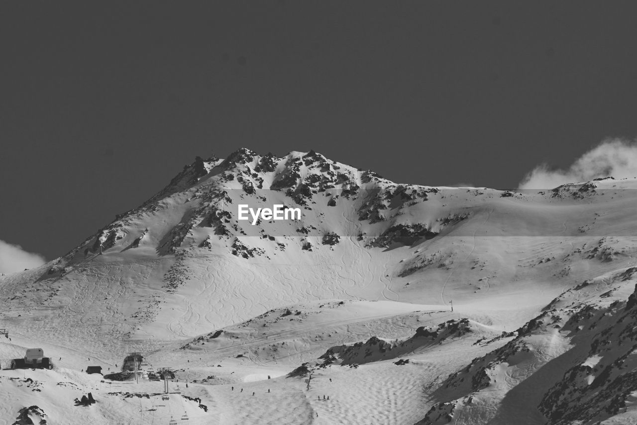 Scenic view of snowcapped mountains against clear sky