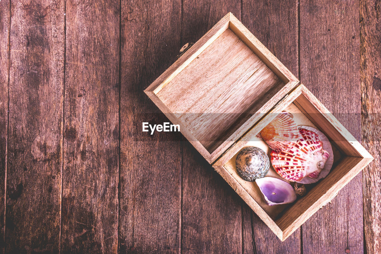 Directly above shot of seashells in wooden box on table