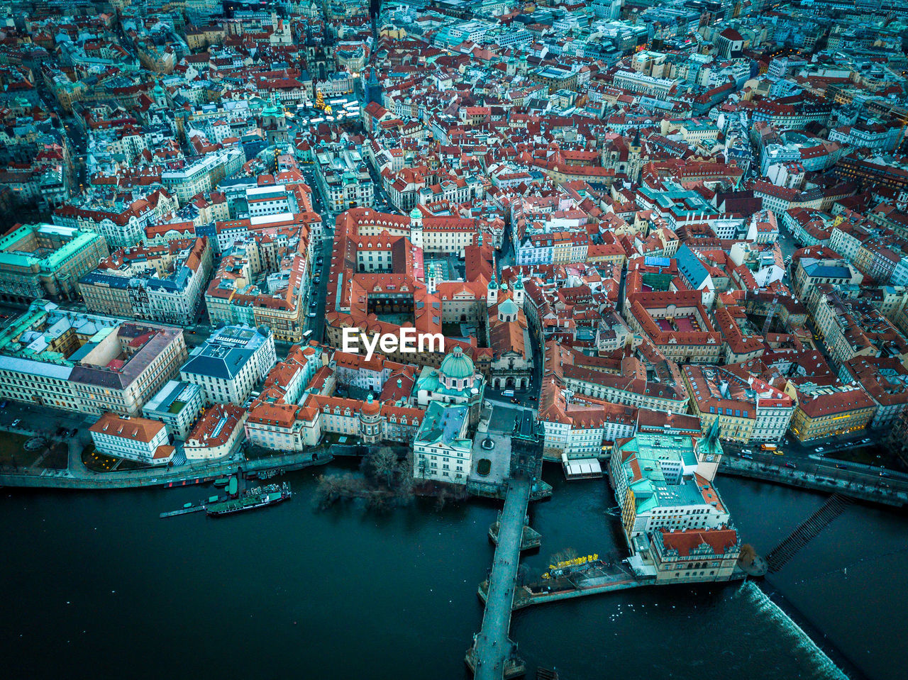 High angle view of city in water