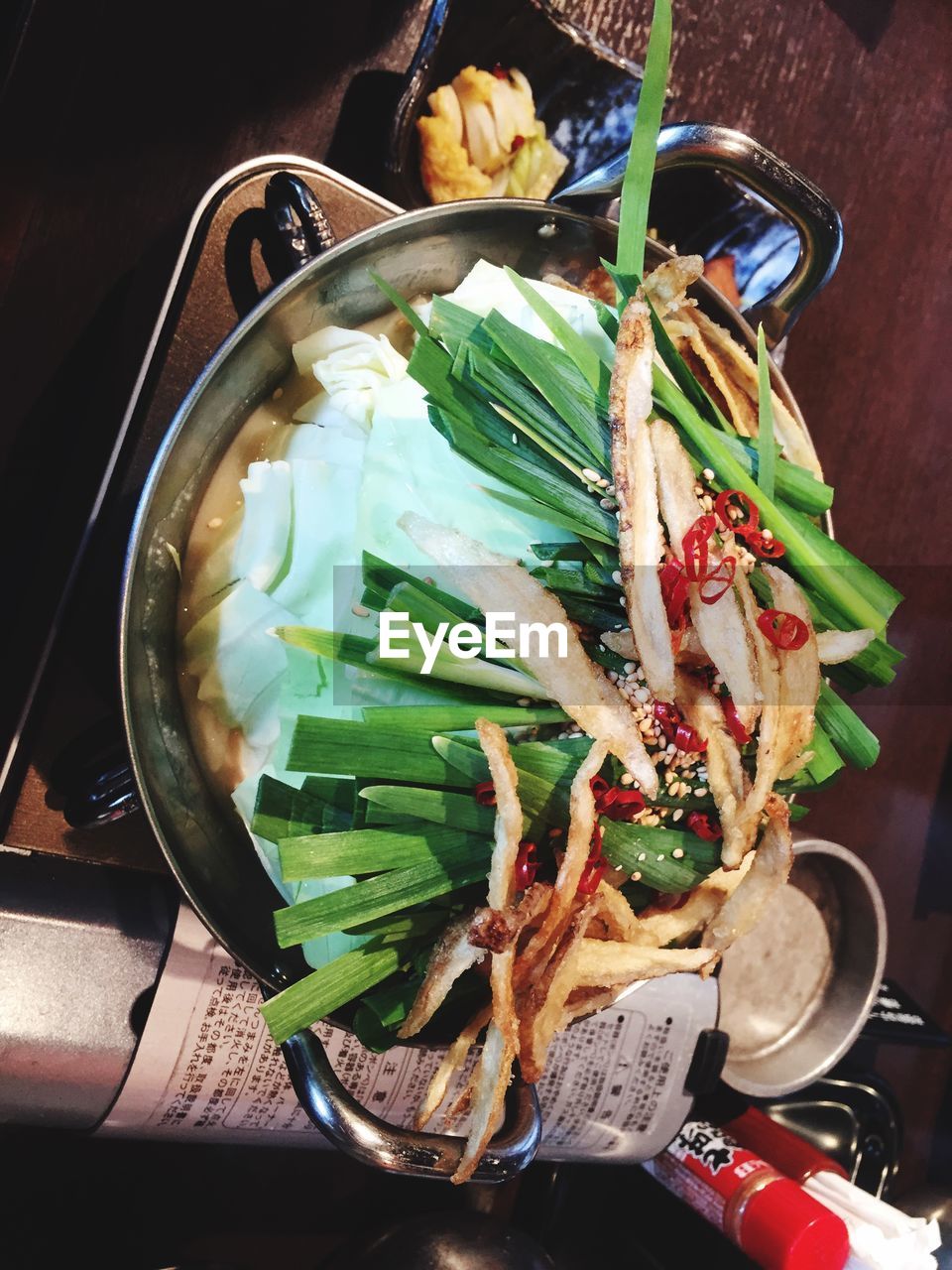 High angle view of food served on table