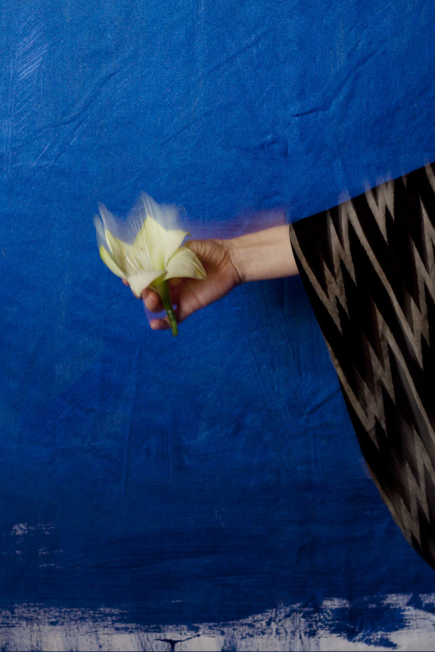 Cropped image of woman wearing kimono while holding flower against wall
