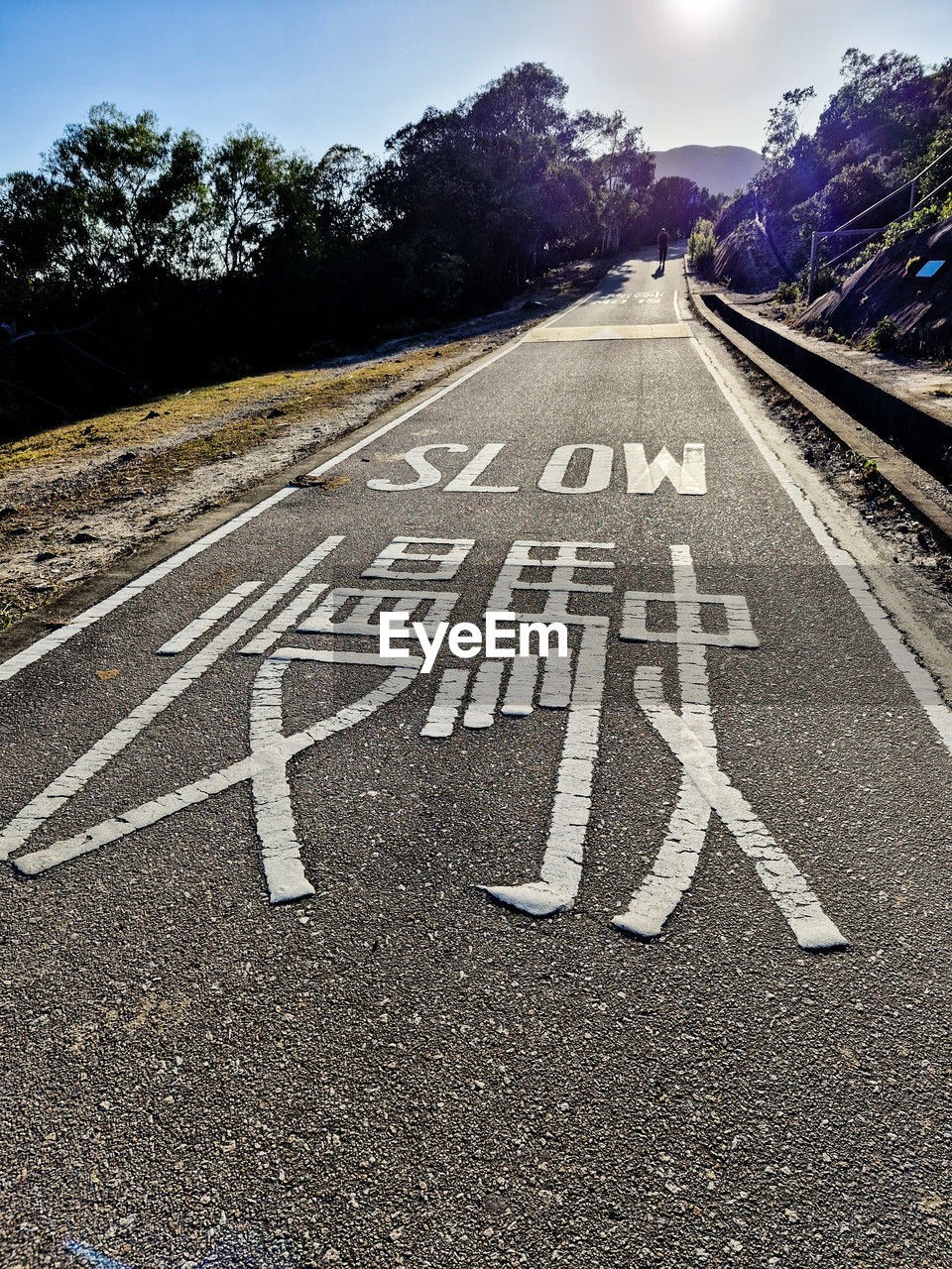 road, sign, transportation, symbol, communication, text, road marking, marking, road sign, lane, sky, western script, the way forward, no people, city, guidance, street, nature, road surface, infrastructure, asphalt, mountain, arrow symbol, tree, outdoors, day, directional sign, plant