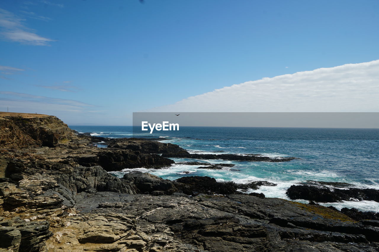 SCENIC VIEW OF ROCKY BEACH AGAINST SKY