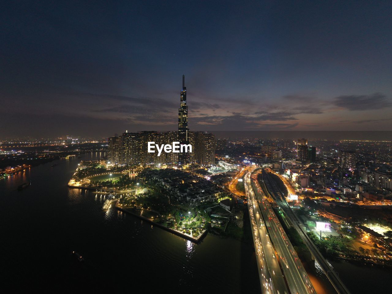 Aerial view of ho chi minh city lit up at night