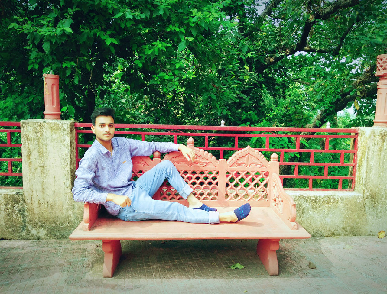 Side view portrait of man sitting on bench against trees