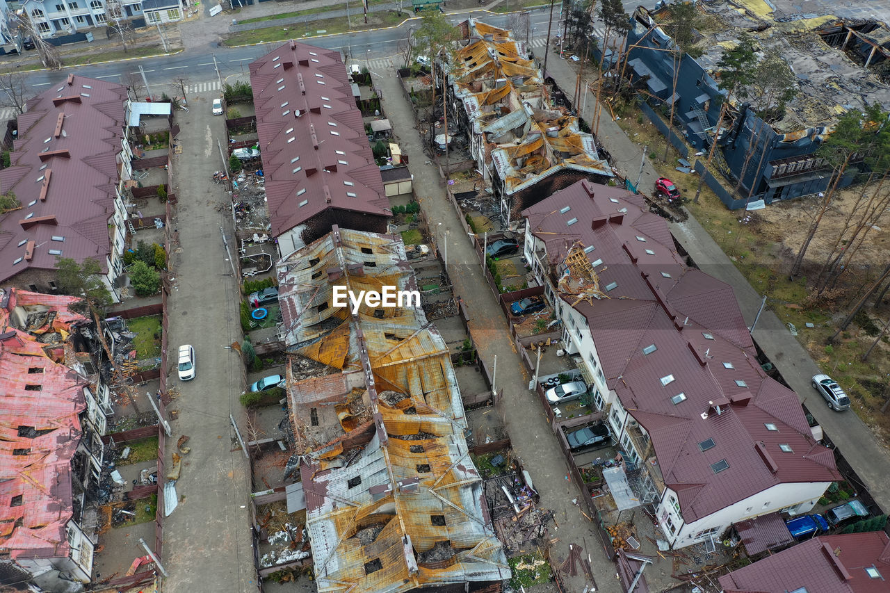 Top view of the destroyed houses. houses were destroyed by rockets or mines from russian soldiers.