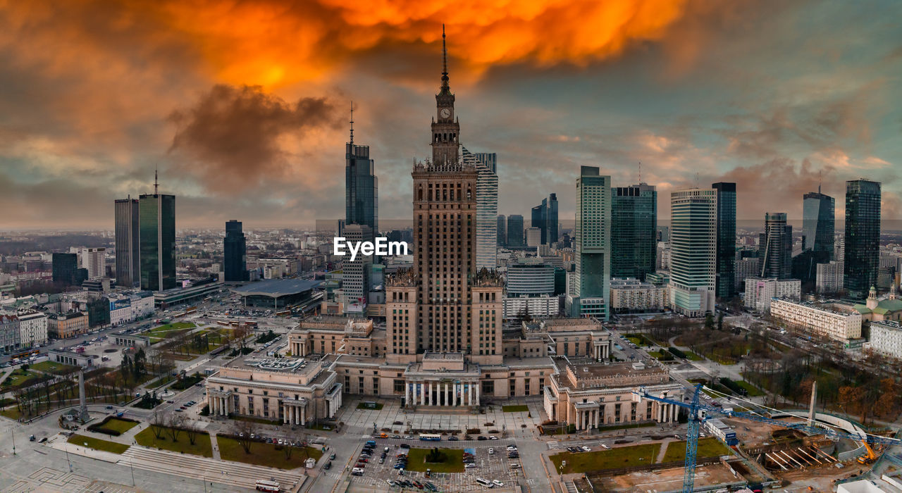 Aerial view of palace of culture and science and downtown business skyscrapers in warsaw