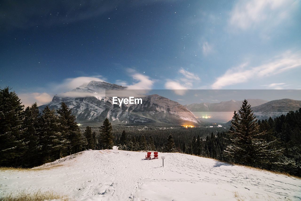 Scenic view of snow covered mountains against sky