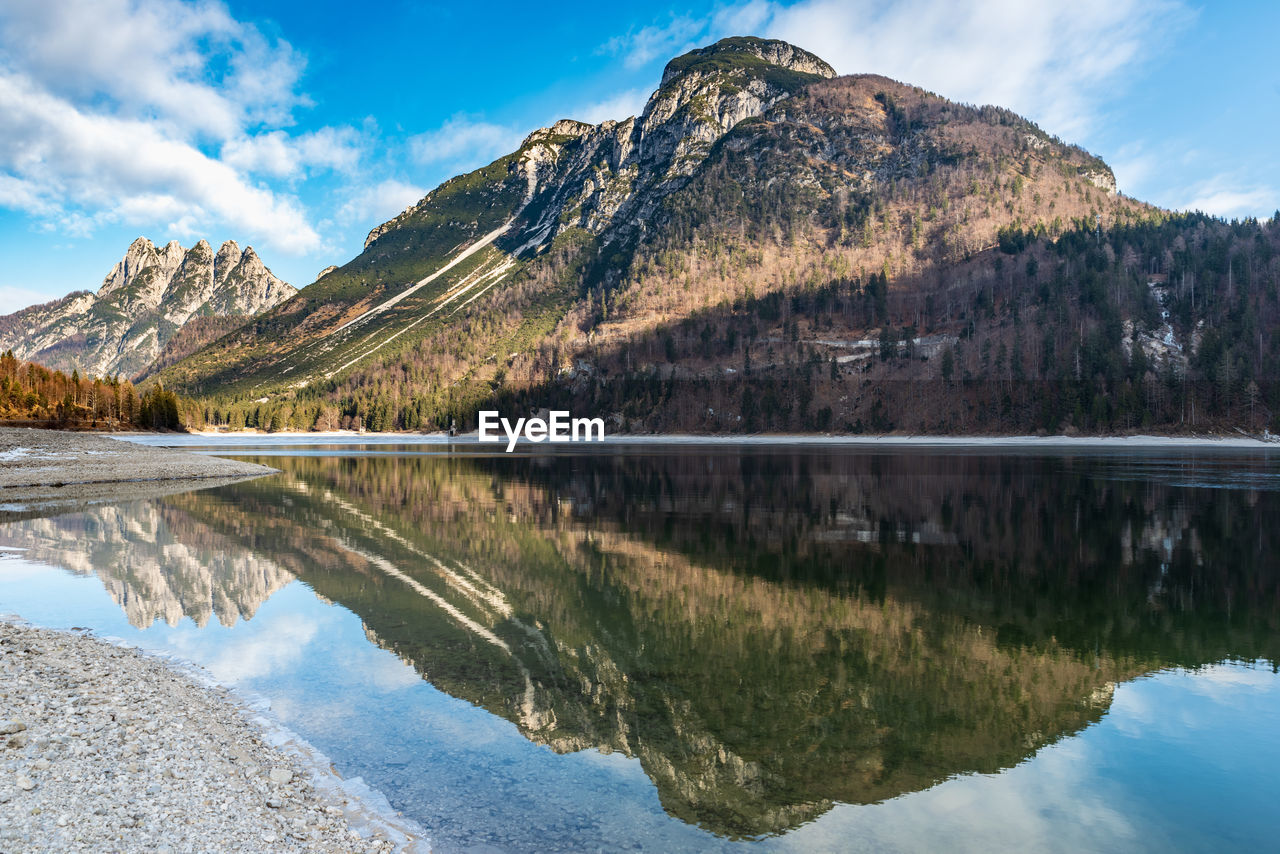 Scenic view of lake and mountains against sky