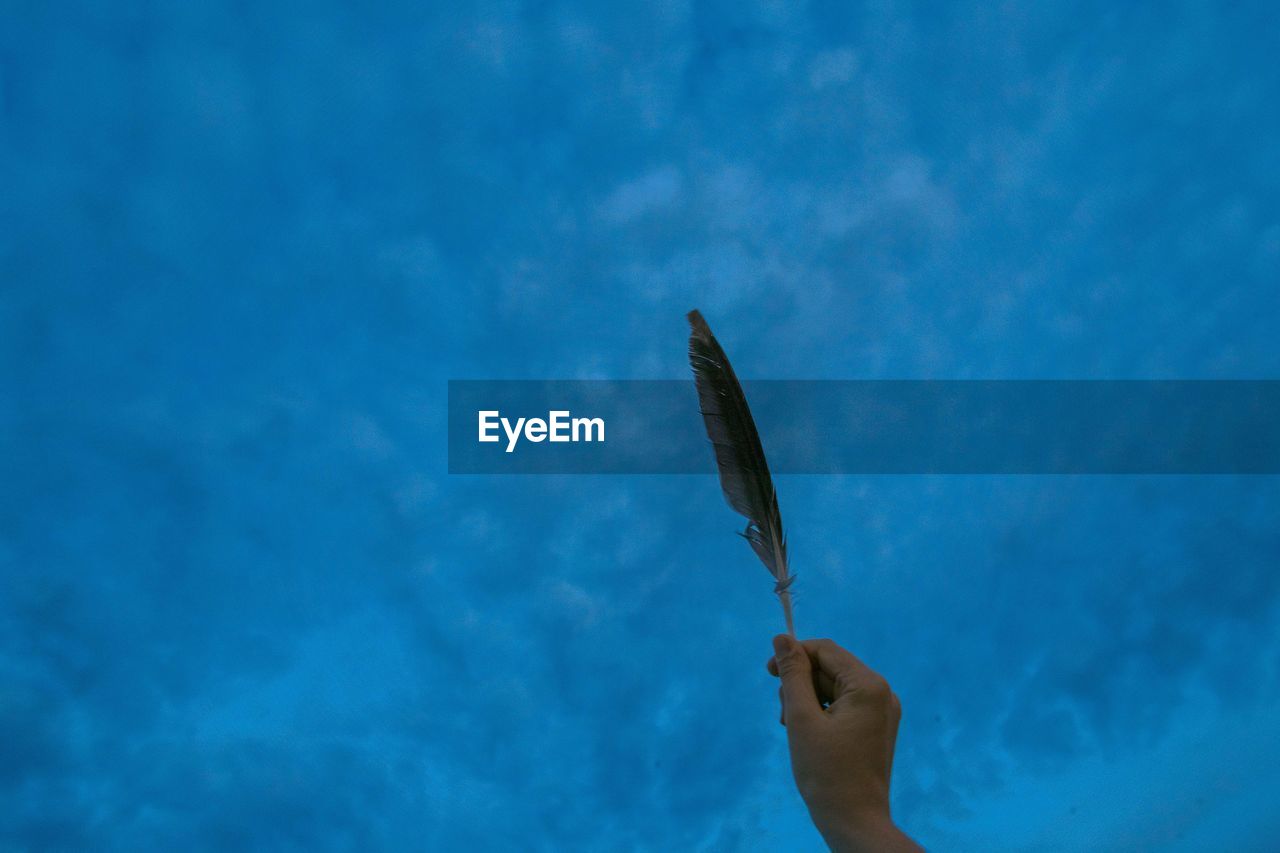 Cropped hand of woman holding feather against blue sky