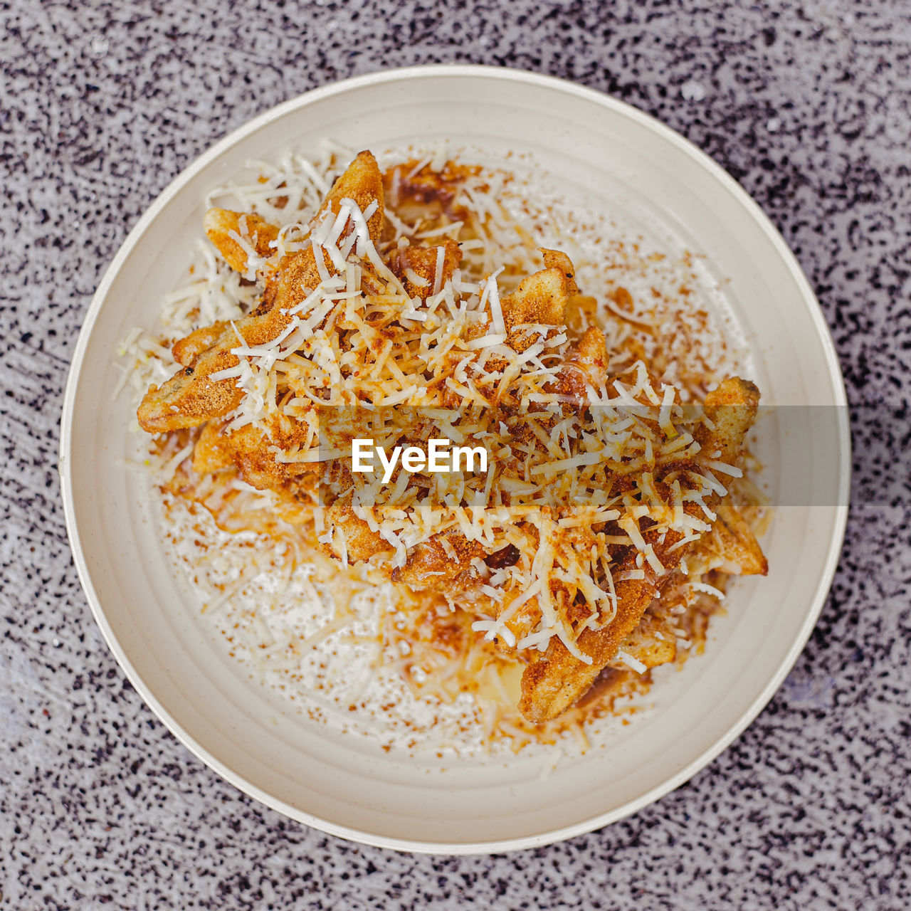 High angle view of food in plate on table