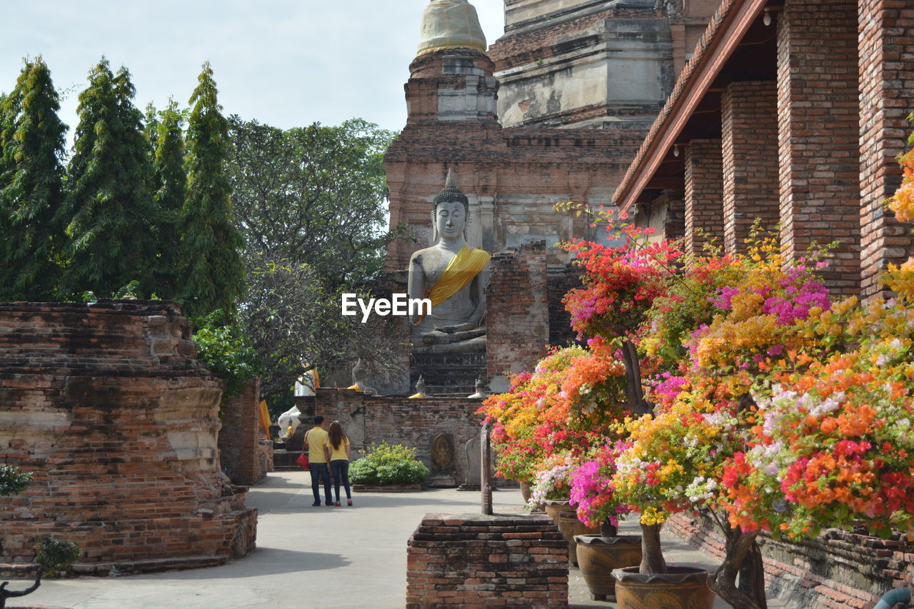 Rear view of people visiting buddhist temple