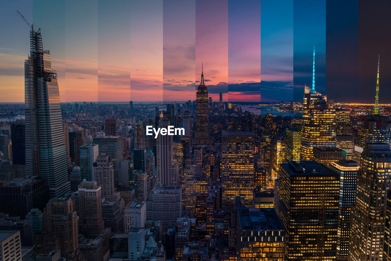 Contemporary multistage building facades under colorful cloudy sky at sunset in new york city usa