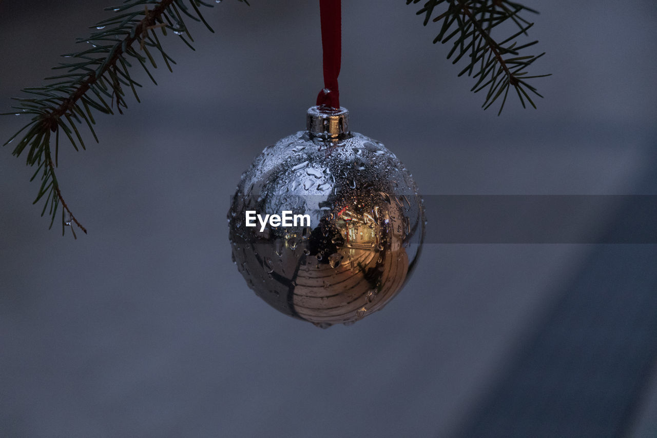 Close-up of bauble on christmas tree