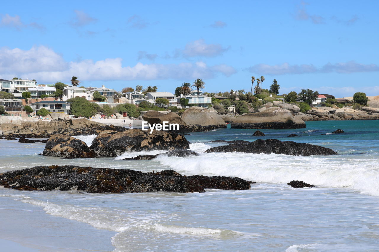 SCENIC VIEW OF ROCKY BEACH AGAINST SKY