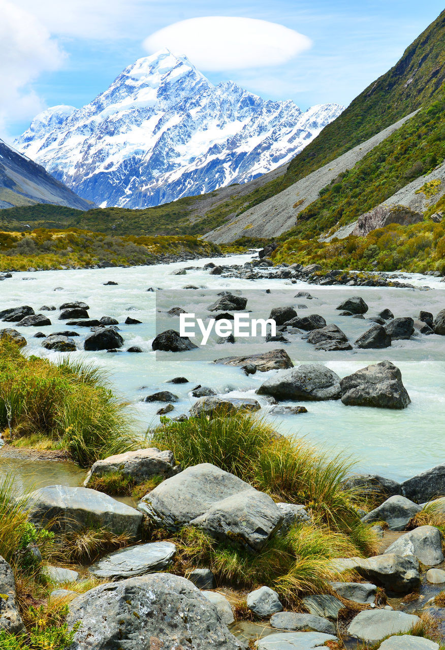 Scenic view of lake by mountains against sky